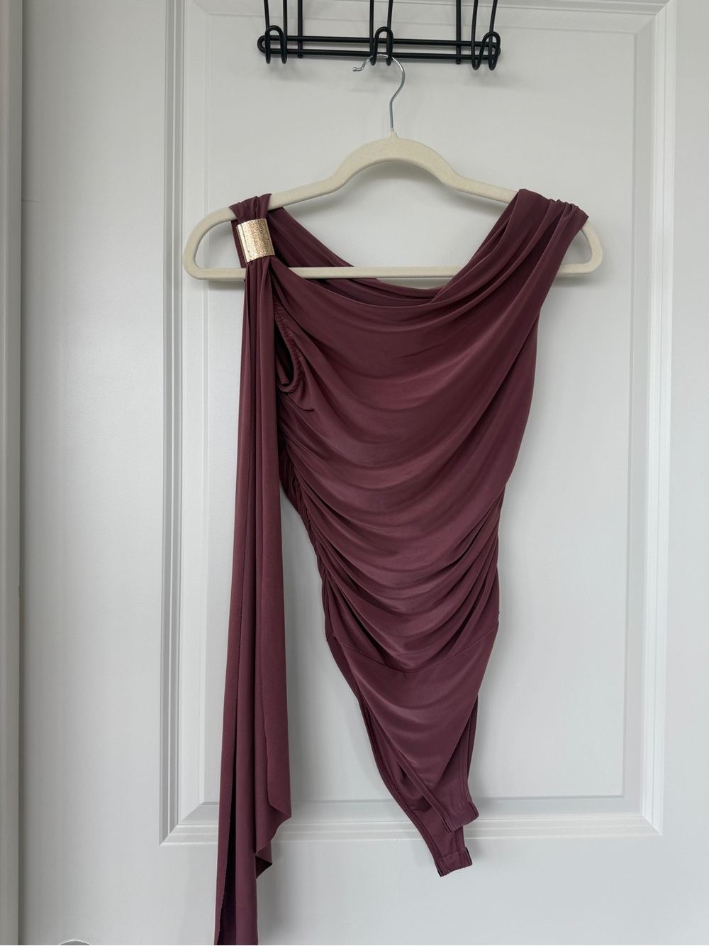 Draped One-Shoulder Bodysuit in Mauve with Gold Accent